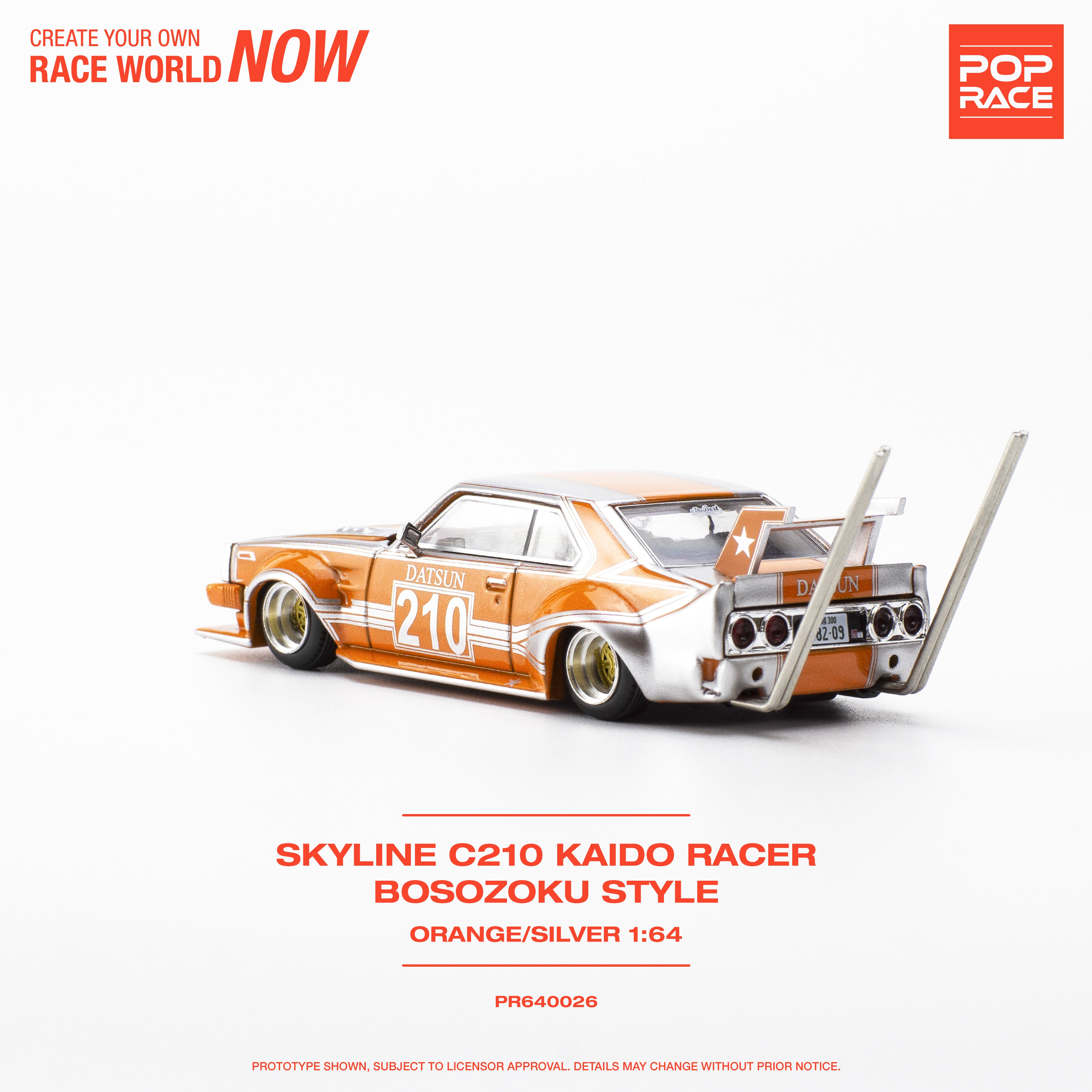 (Pre-Order) Pop Race 1/64 SKYLINE C210 KAIDO RACER BOSOZOKU STYLE  ORANGE/SILVER