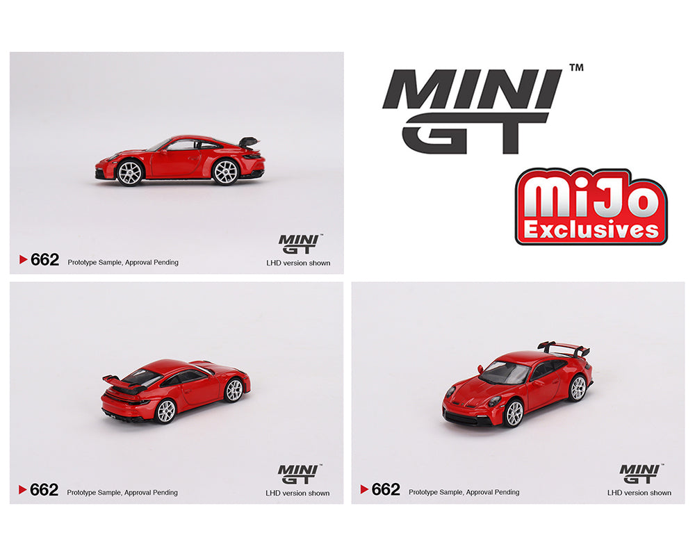 (Preorder) Mini GT 1:64 Porsche 911 (992) GT3 – Guards Red – MiJo Exclusives