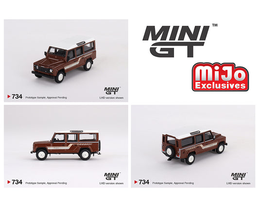 (Pre-order) Mini GT 1:64 Land Rover Defender 110 1985 County Station Wagon – Russet Brown