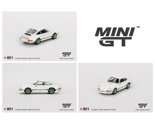 (Pre-order) Mini GT 1:64 Porsche 911 Carrera RS 2.7 – Grand Prix White with Green Livery – Mijo Exclusives