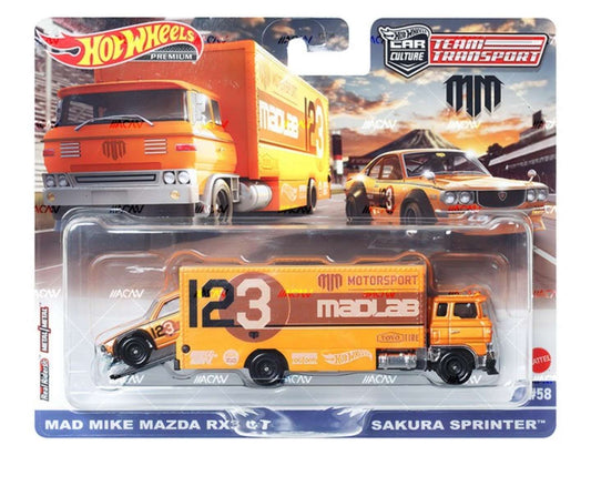 (Preorder) Hot Wheels 1:64 Team Transport 2023 Mad Mike Mazda RX-3 / Sakura Sprinter 1