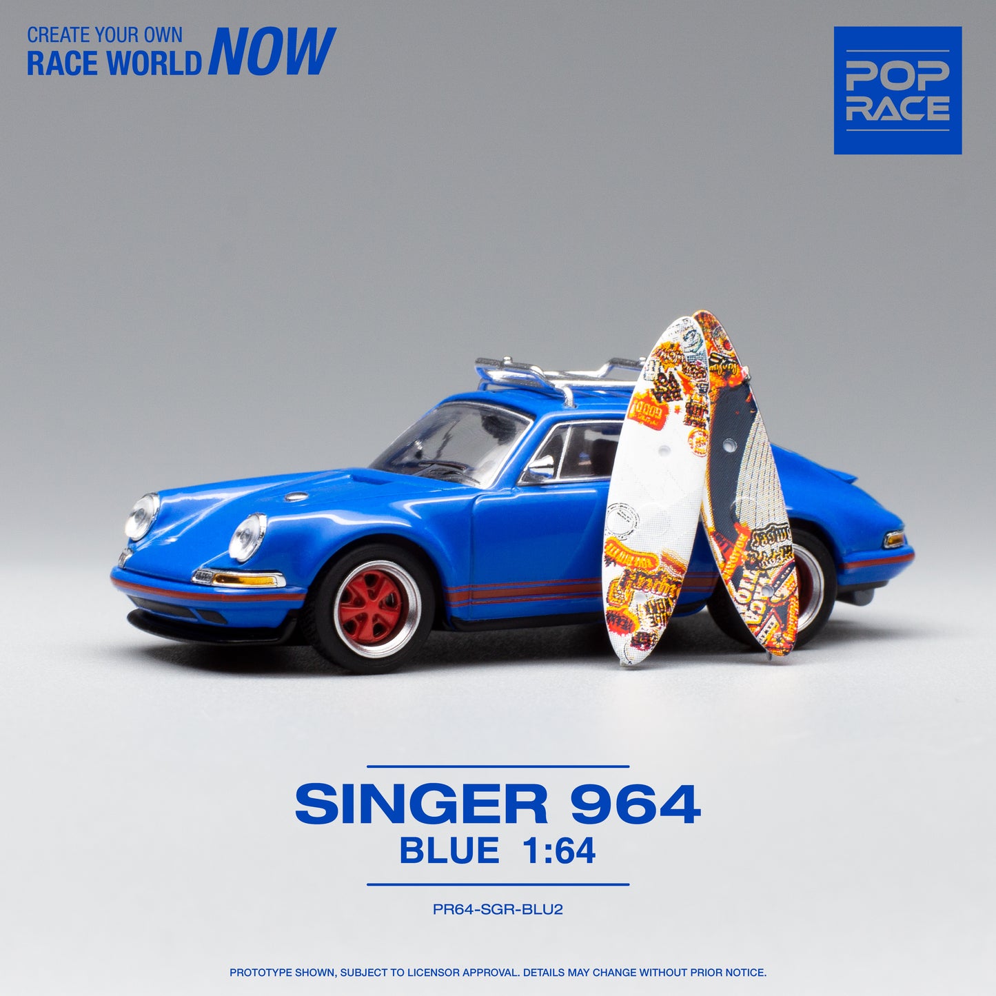 Pop Race Porsche SINGER 964 BLUE WITH ROOF RACK & SURFBOARD 1/64th